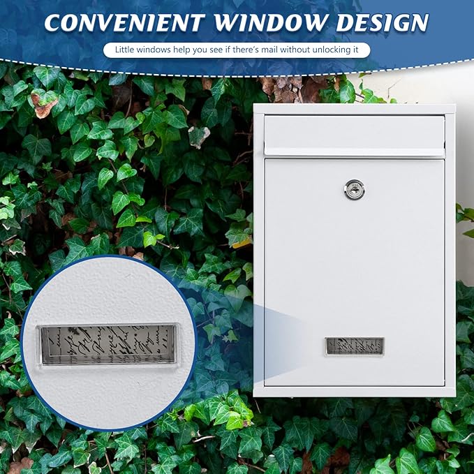 KYODOLED Key Lock MailBoxes for Outside, Locking Wall Mount Mailbox, Security Key Drop Box for Letters Newspapers, Cards, 12.4H x 8.54L x 3.35W Inches, White