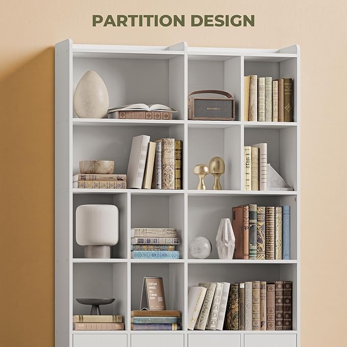 IRONCK Bookshelves and Bookcase, 6 Tiers Large Bookshelf with 4 Doors, Floor Standing Tall Display Storage Shelves for Home Office, Living Room, Bedroom, White