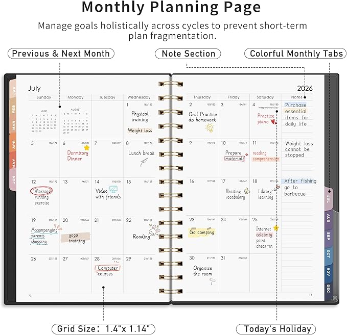 RETTACY 2026 Planner, Weekly and Monthly, Medium Size (5.7" x 8.3"), Jan - Dec 2026, Agenda, Calendar, 12 Month Tabs, Flexible Plastic Cover, 100 GSM Thick Paper, Spiral-bound (Black)
