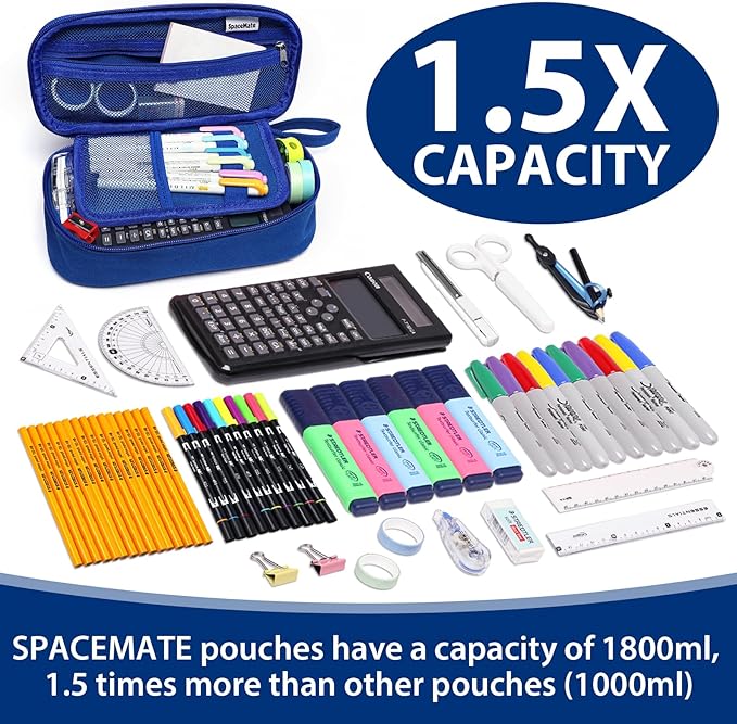 Pencil Case Pouch Box Bag School Supplies Girls Boys Kids, Cute Preppy Stuff Large Big Capacity Aesthetic Pen Organizer, Back to College Stationary, Sapphire Blue, Heavy Duty Canvas, 1800ml