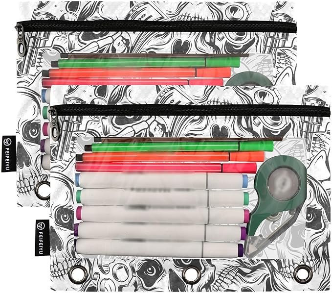 ZAZYXTJ Skeletons Skull Binder Pencil Pouchs 3 Ring with Zipper Clear Window Office Organizers bag for School Students Teacher Supplies 2 Pack