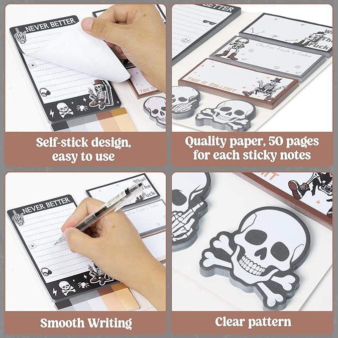 Xqumoi Funny Skull Skeleton Sticky Notes Set - Black White Gothic Skeleton Self-Stick Note Pads Halloween Hippie Notepads Writing Memo Pad Page Marker Bookmarker Index School Office Supplies Gift