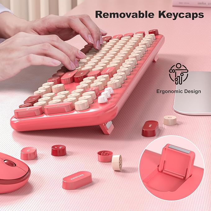 MOFII Wireless Keyboard and Mouse Combo, Cute Keyboard Full Size and Wireless Mouse, 2.4GHz Retro Typewriter Keyboard Wireless Mouse Set for PC/Desktop/Laptop/Windows (Hot Pink)