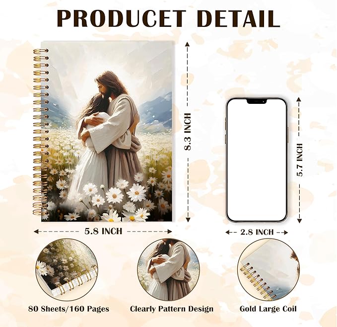 Qabliqo Jesus Christian Spiral Notebooks, Christian Gift Journal for Women, Daisy Flower Field Jesus Hugging Journals for Woman, Religious Notebook for Note Taking, 5.5x8.3 Inch