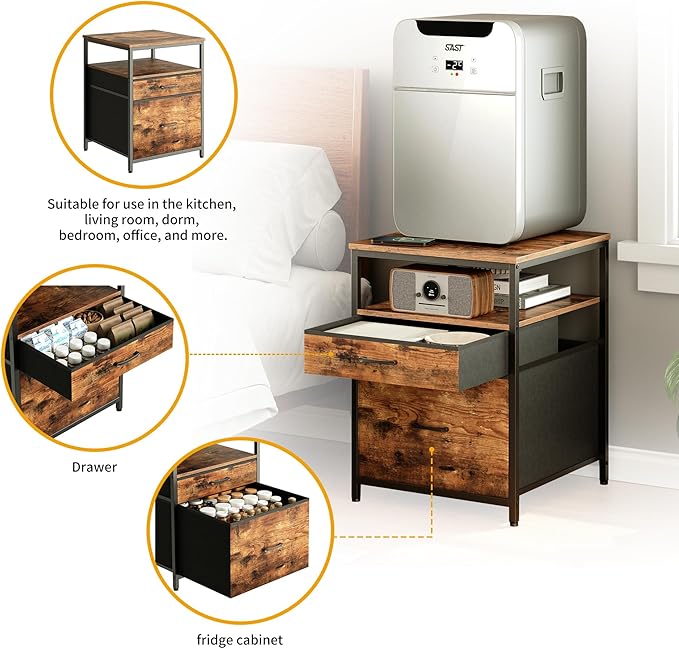 Mini Fridge Stand with 3 Storage, Mini Fridge Cabinet, Beverage Fridge Table, Heavy Duty 21.3" L* 22.7" W Tabletop, for Dorm, Apartment,Office, Bedroom Rustic Brown HB01BXN