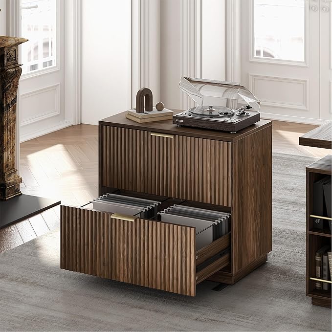 2 Drawer Fluted File Cabinet, 32'' Lateral File Cabinet for Legal/Letter/A4/F4 Size Hanging Files, Wood File Storage for Home Office, Black Walnut