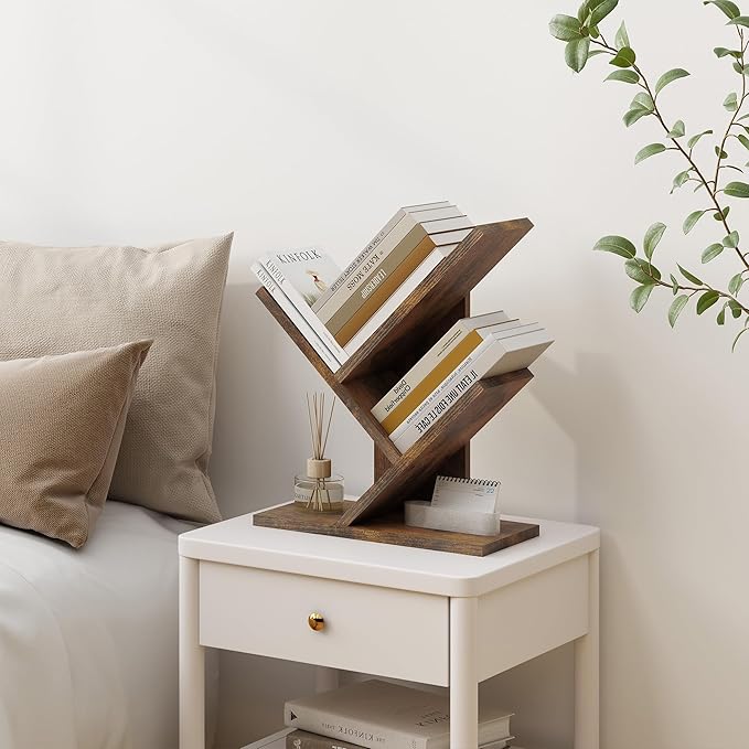 Tajsoon Tree Bookshelf 3 Tier Book Shelves Storage Organizer, Desktop Bookshelf Floor Standing Bookcase Display for Magazine/Books, Small Tree Bookshelf for Bedroom, Living Room Office, Rustic Brown