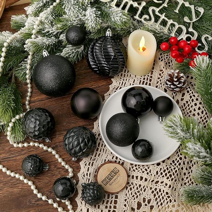 Christmas Balls Ornaments -36pcs Shatterproof Christmas Tree Decorations with Hanging Loop for Xmas Tree Wedding Holiday Party Home Decor,6 Styles in 3 Sizes(Black)