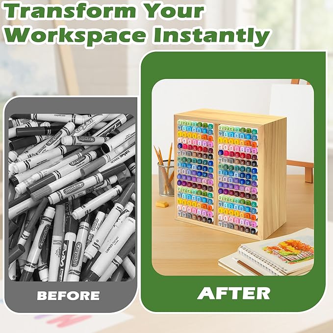 PROLEE Marker Storage Organizer for 224 Markers,Wooden Alcohol Marker Holder with 32 Slots,Markers Pens Pencils Art Supply Storage Rack for Desk Home Classroom Office Decor (Natural, 15“x11”x5.2 “)