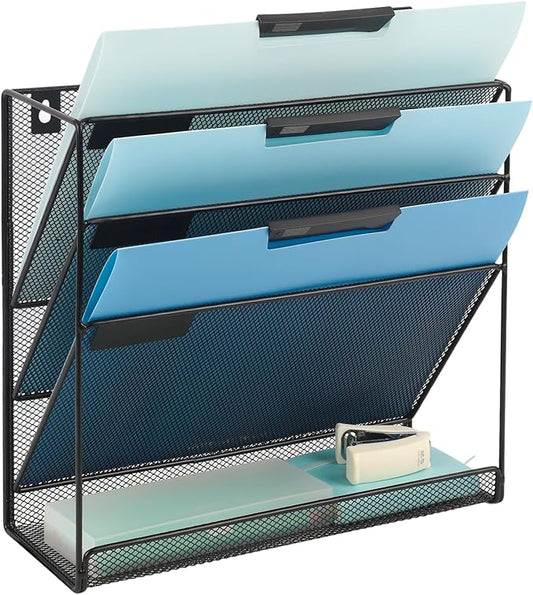 EASEPRES Desk File Organizer Mesh 4-Tier, Hanging Wall Mount Document Organization Stand, Desktop Vertical Mail Paper Folder Holder Rack with Bottom Tray for Office Home Cubicle Countertop, Black