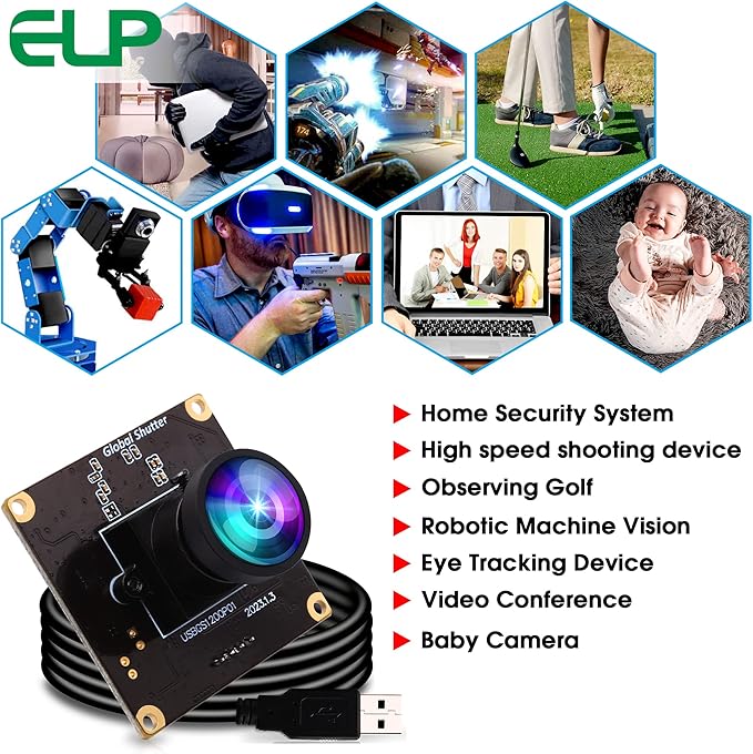 ELP Global Shutter USB Camera Module High Speed with Wide Angle Lens for Computer 1080P Mini UVC USB2.0 Webcam Board High Frame 90fps PC Camera for Laptop (100° no Distortion Lens)