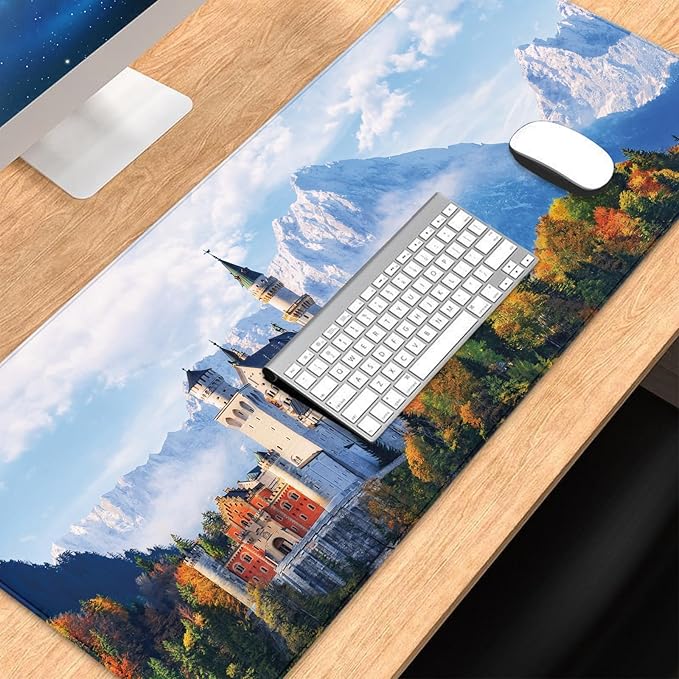 Germany Mouse Pad, Neuschwanstein Castle Extended Mousepad, Waterproof Desk Mat, Anti-Slip Rubber Base, Keyboard Mat with Seamed Edges, Mouse Pads for Office, Home, 31.5 X 11.8 Inch
