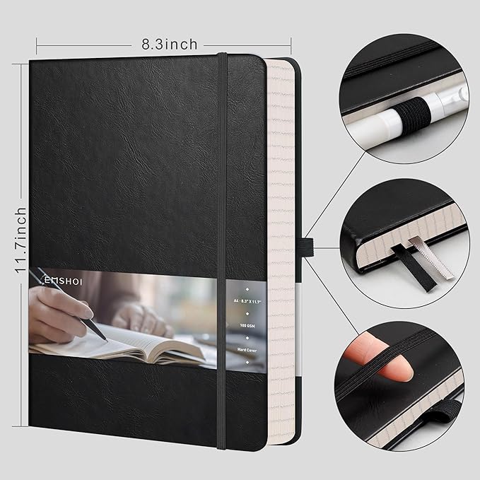 EMSHOI Dotted Journal, 8.5" x 11" Hardcover Leather Journal for Women Men, 192 Pages 100 GSM Dot Grid Notebook, Dotted Notebook for Work, A4 Large Journals for Writing, Bullet Journaling, Black