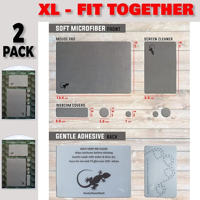 Mouse Pad Adhesive Bottom - Sticks to Any Surface - Portable - Webcam Covers and Screen Cleaner Included (2 x Gray)