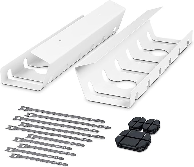 PAMO Cable Management Under Desk for Easy mounting Under-Table I Set of 2 - with 10X Cable Ties I Desk Organizer for Office/Home Office Table Thoughtful Cable Tray Holder