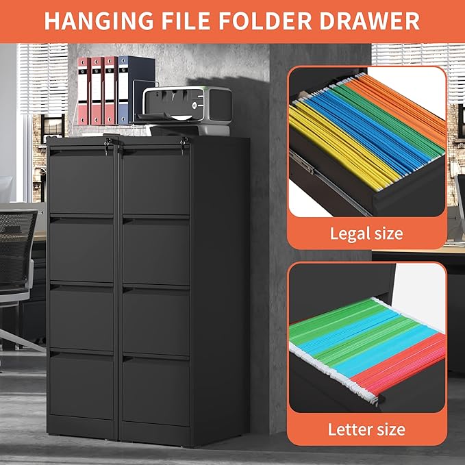 4 Drawer File Cabinet with Lock,Metal Filing Cabinets,Black Vertical File Cabinet for Home Office,Heavy Duty Metal Storage Cabinet for A4/Letter/Legal Size File,Assembly Required