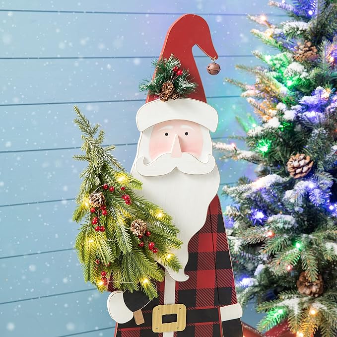 Glitzhome 36" H Lighted Wooden Christmas Santa Porch Sign Standing Porch Decor Rustic Merry Christmas Welcome Sign Holiday Party Outdoor Indoor Xmas Decorations