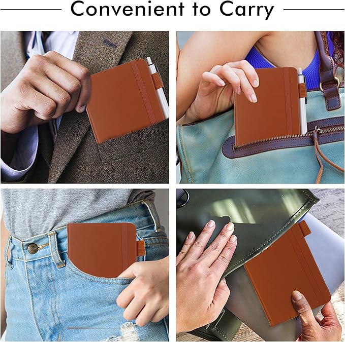 feela 6 Pack Pocket Mini Notebooks Bulk, Small Cute Memo Notepads Hardcover College Ruled Lined Journals with Pen Holder for School Business Work, with 6 Black Pens, 3.5”x 5.5”, A6, Brown