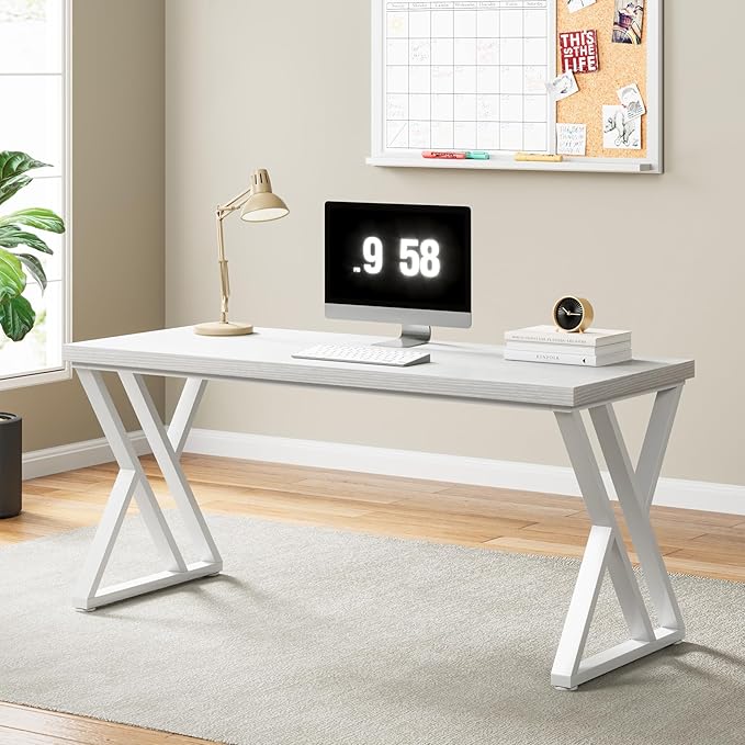 Tribesigns Writing Computer Desk, 55 inch Heavy Duty Study Desk with Z-Shaped Metal Leg, Modern Simple Home Office Computer Desk, White