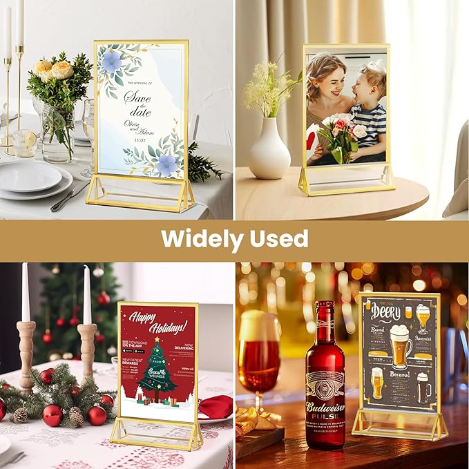 Acrylic Sign Holder 8.5X11 Gold Frames Double-Sided Gold Picture Frames Display Stand for Menu Holder Flyer Holder Wedding Table Number Holder Photo Frames with Double Sided Sticky Dots -6 Pack