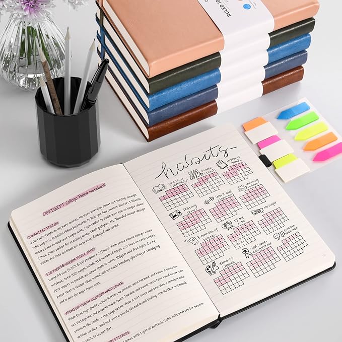 5 Pack College Ruled Notebook, 312 Numbered Pages Thick Notebooks Bulk, 100gsm No Bleed Paper Hardcover Leather Journal, Lined Journal Notebook Set for Women Men School Office, A5, Burgundy