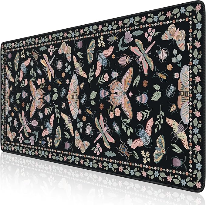 iCasso Black Large Mouse Pad, Desk Matt for Desktop, XXL Desk Mat for Keyboard and Mouse, Anti-Slip Big Mousepad Computer Mat with Stitched Edges(Insects)
