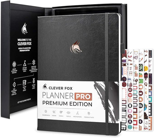 Clever Fox Planner Pro Premium – Luxurious Weekly & Monthly Planner with Budget Organizer for Productivity & Goals, Undated, A4 (Silver Black)