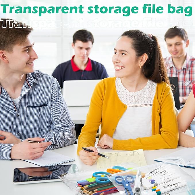 Lincia 12 Pack Clear Pencil Pouch for 3 Ring Binder Pencil Case with Metal Zipper 3 Ring Binder Pocket Inserts Bag 10 x 7'' Visible Cash Envelope with Re-enforced Grommet for College Office Supplies