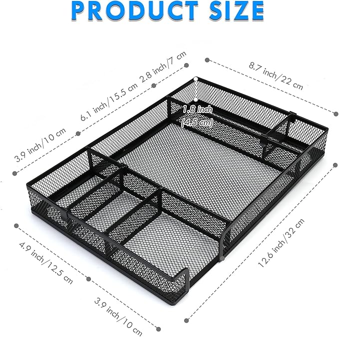 Desk Drawer Organizer Tray with Adjustable Compartments, 6 Grid Metal Mesh Drawer, Multi-use Desk Organizer Storage Box Set for Office,Home,School Supplies, 12.6X9X1.9 inch