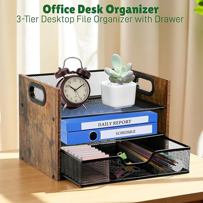 Wood Desk Organizer - 3-Tier Desktop File Organizer with Drawer, Wooden Paper Tray, Office Desk Organzier and Accessories for Papers, Mail, Notebooks, Stationery