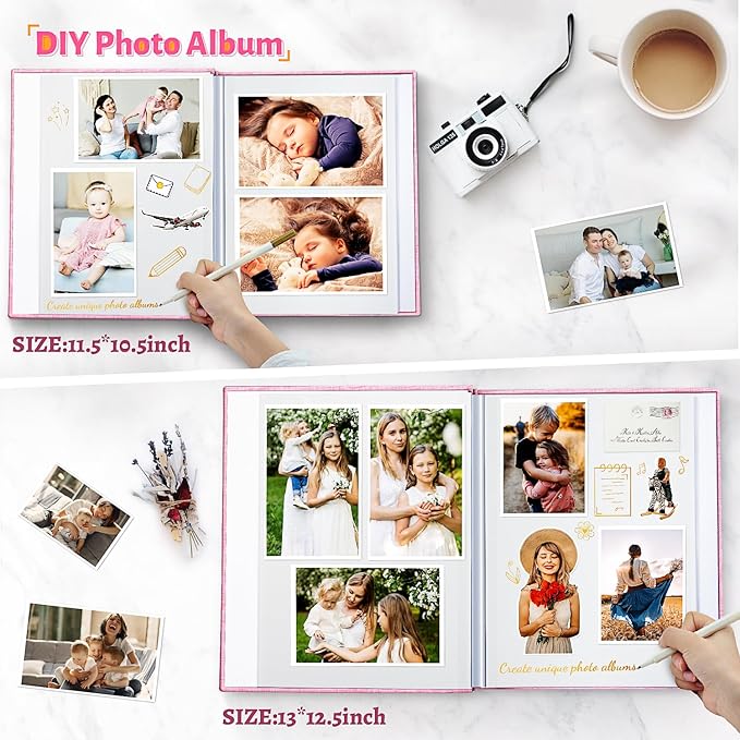 Photo Album Self Adhesive Scrapbook,Large Photo Book for 4x6,5x7,8x10 Pictures,DIY Album for Baby Wedding Family Travel Birthday,with Metallic Pen and Scraper