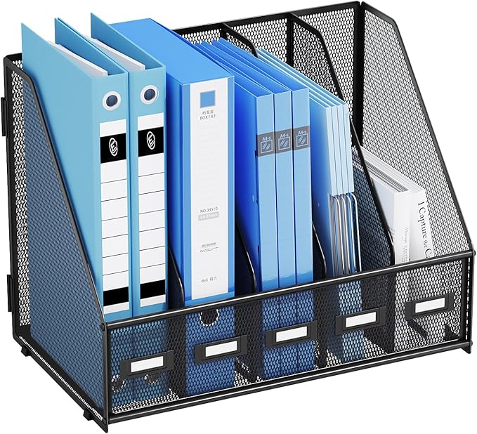 Marbrasse Desk File Organizer with 5 Vertical Compartments Mesh Magazine File Holder for Office, Home, School