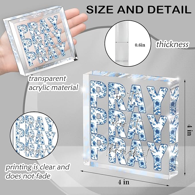 Blue and White Inspirational Decor, Desk Decorations for Office, Ideal Christian Gifts for Women - Pray On It,Pray Over It - Bible Verse Desk Art, Dorm Room Decor for Women,(Blue and White)