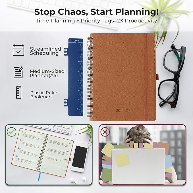 Planner 2025-2026 Daily Weekly and Monthly,11.5"x8.5",18 Months Spiral Bound Calendar Agenda with Self-adhesive Pen Holder,2026 Academic Plan with Vegan Leather Soft Cover,Brown