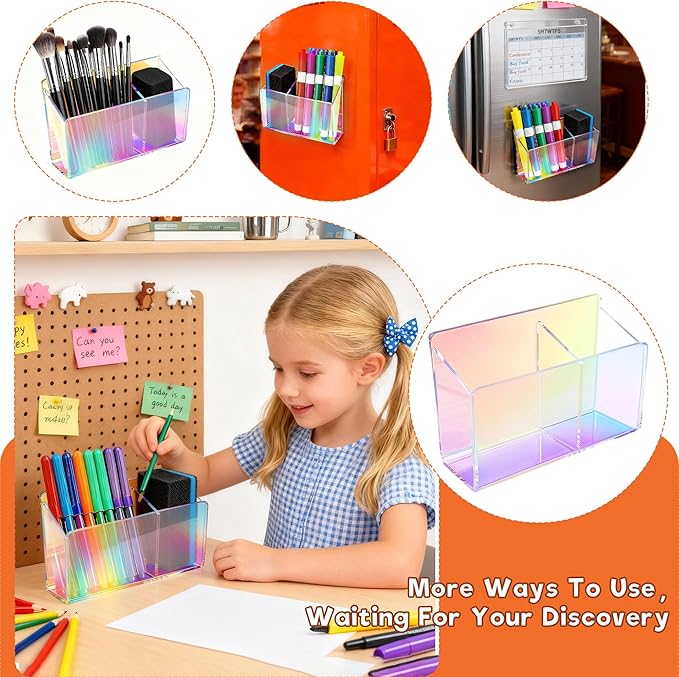 Magnetic Dry Erase Marker Holder - Non-Slip Acrylic Pen Organizer with Powerful Magnets for Whiteboard, Refrigerator, Office Desk, Classroom Supplies & Home Organization-colorful