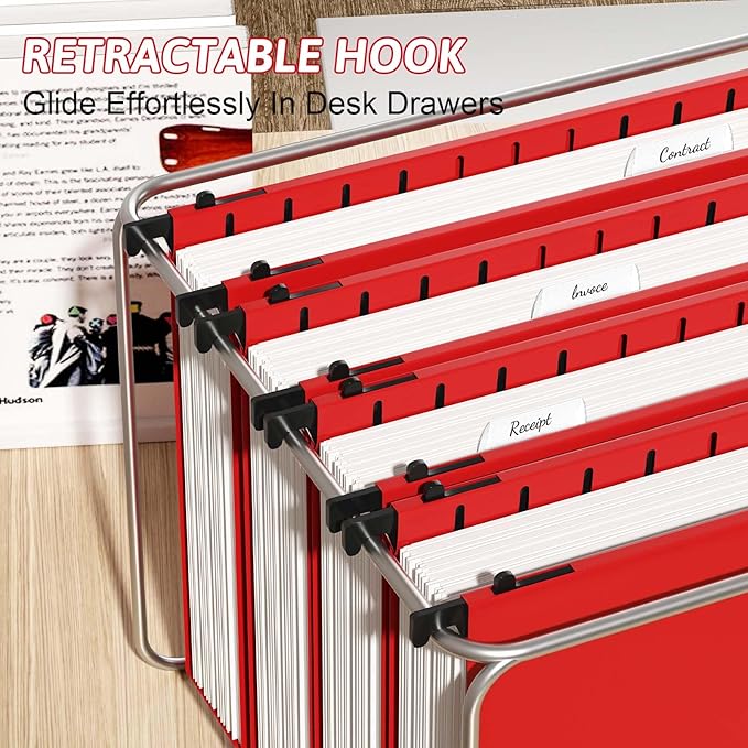 Plastic Hanging File Folder Extra Capacity,12 Pack Reinforced Hang Folders with Heavy Duty 2 Inch Expansion,Filing Cabinet Folders Letter Size,Hanging Organizer Designed for Bulky Files(Red)