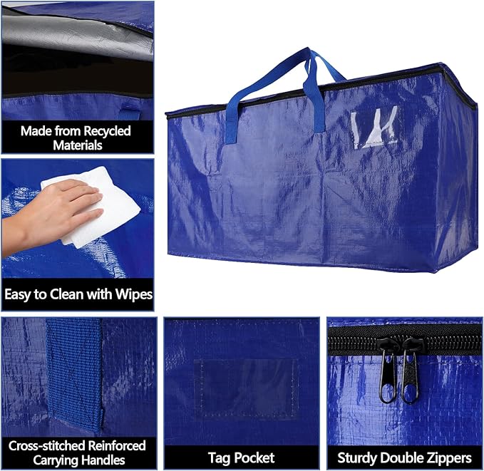 8 Pack Waterproof Moving Bags with Strong Zippers and Reinforced Handles, Real 100lb Capacity Extra Heavy Duty Large Storage Totes for Packing & Moving Storing, Alternative to Moving Boxes -95L,Blue