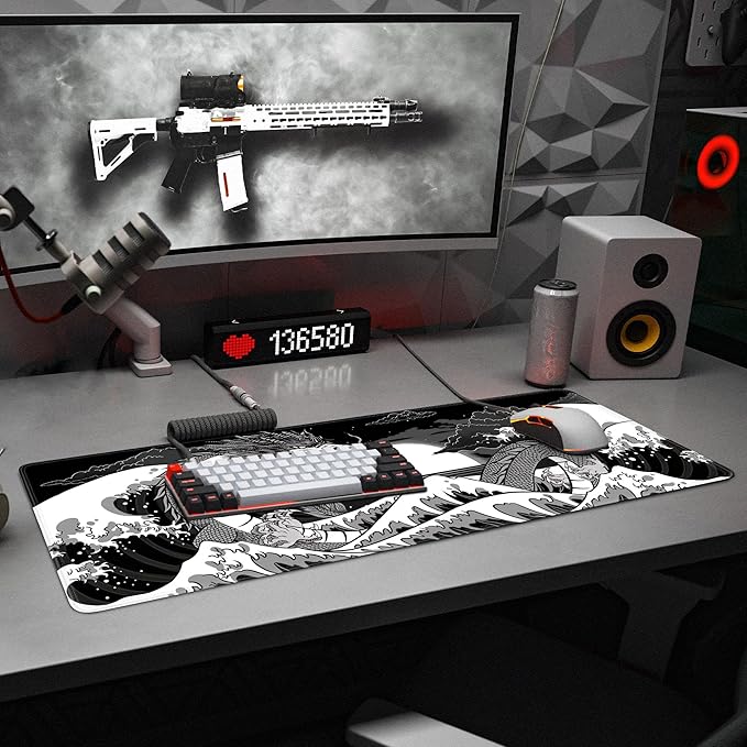 Wave Sea Dragon Gaming Mouse Pad Large Desk Mat Extended Black Keyboard Mouse Pad Gaming Mousepad with Non-Slip Base Stitched Edge Anime Mouse Mat Desk Pad 31.5 X 11.8 Mouse Pads for Desk Home Office