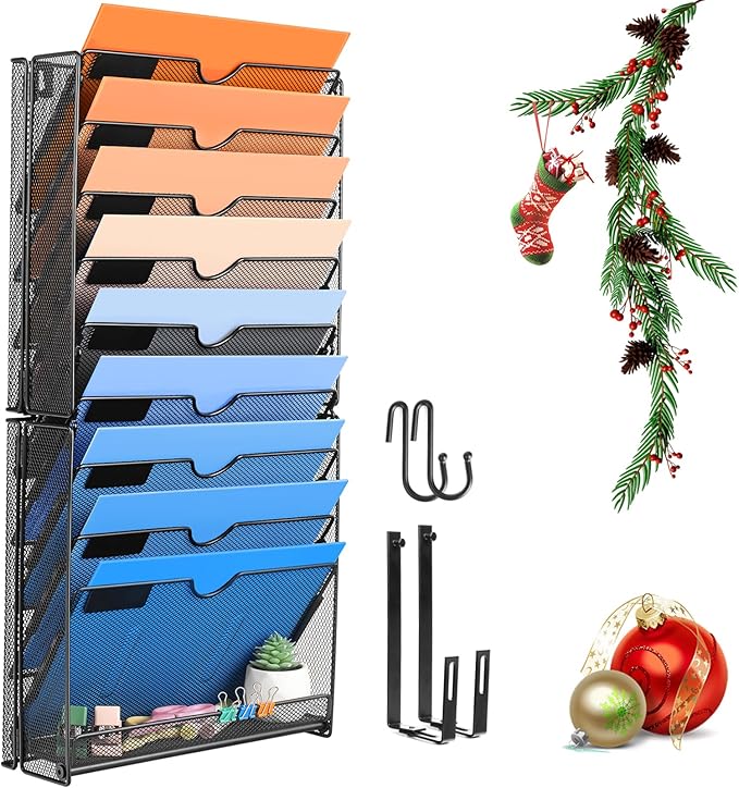 Wall File Organizer, 10 Pockets Mesh Hanging File Organizer, Wall Mount File Paper Folder Holder With Hooks, Wall Organizer Magazine Document Mail for Office School, Black