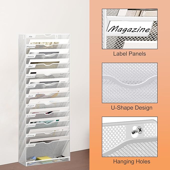 13 Tier Hanging Wall File Holder, Metal A4 Wall Mounted Document Holder, Vertical Hanging Mail Organizer, Magazine Storage Rack with Tray for Office Home Classroom, White