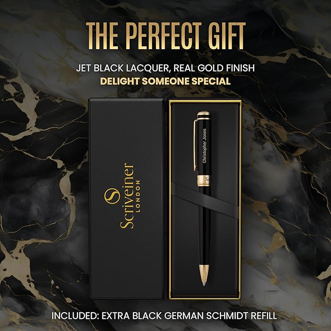 Scriveiner Personalized Black Ballpoint Pen - Stunning Luxury Pen, Jet Black Lacquer, Real Gold Plating, Schmidt Ink Refill, Best Engraved Ball Point Gift Set for Men & Women, Custom Name Engraving