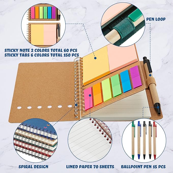 15 Pack Spiral Notebook Steno Pads Notepad with Pen in Holder Sticky Notes and Page Marker Colored Index Tabs Small Pocket Notebooks for Office School Supplies, 4.7 x 5.9 Inch