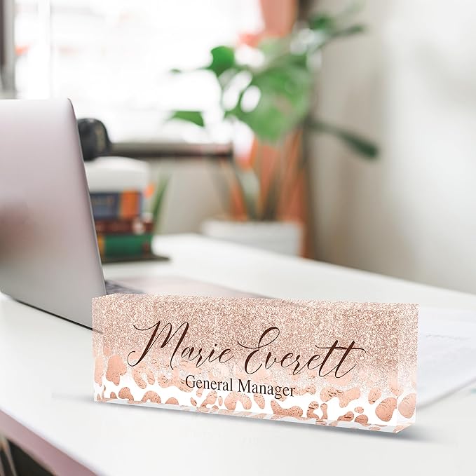 Personalized Name Plate for Desks, Custom Desk Name Plates, Acrylic Name Plate Office Desk Accessories, Personalized Office Gifts for Coworkers Teachers, Employee Appreciation Gifts (B-Leopard Print)