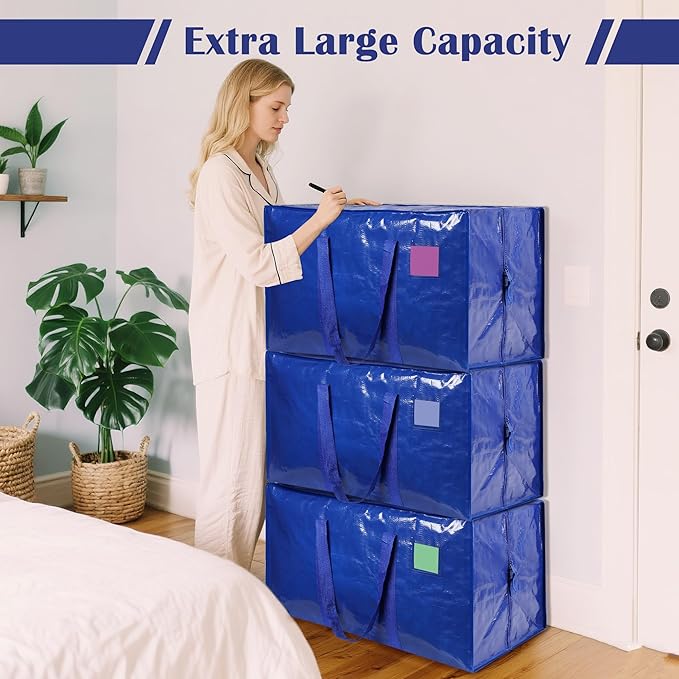 6 Pack Extra Large Heavy Duty Moving Bags with Reinforced Zipper & Wide Handles, Moisture-Resistant Storage Bins Packing Cubes for Clothes, College Dorm, Travel, and Home Organization, Blue