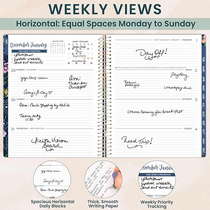 bloom daily planners 2026 Planner (January to December) - 8.5” x 11” Weekly & Monthly Dated Agenda Organizer Book with Stickers & Tabs - Flexible Soft Cover - Garden Party, Navy