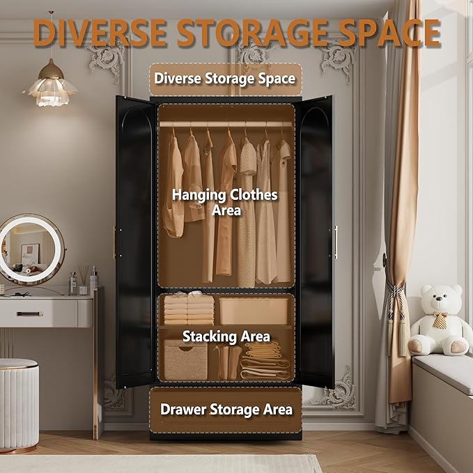 Metal Armoire Wardrobe Closet with Drawer, 71“ Tall Freestanding Wardrobe Cabinet with Doors and Shelves, Large Armoire with Hanging Rod, Clothes Cabinets for Bedroom, Black, Assembly Required