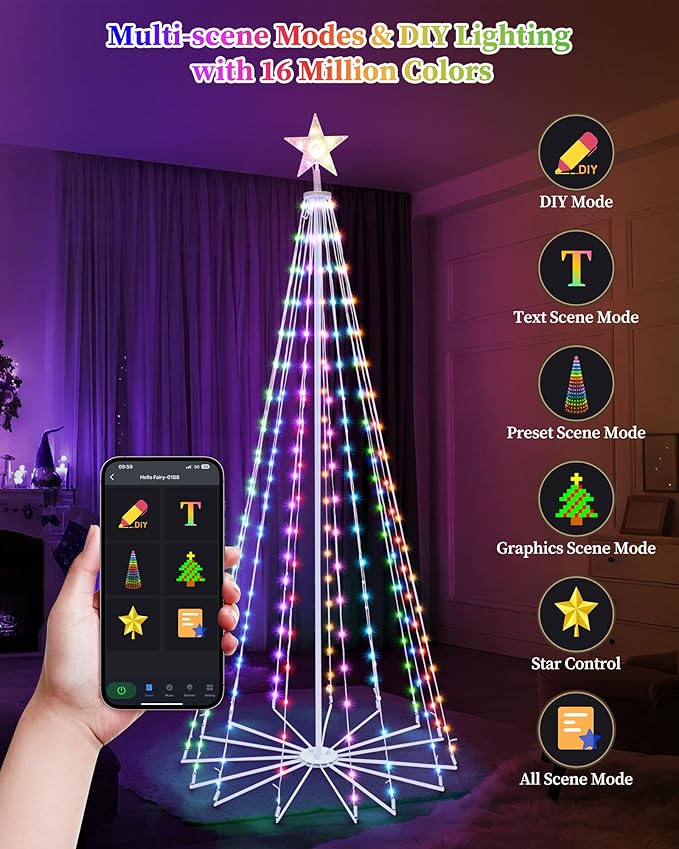 Brightever Smart Christmas Cone Tree, 7FT 295 LED Outdoor Christmas Tree Prelit with 16 Million RGB Light Show, APP/Remote Control Color Changing Music Sync Outdoor String Lights for Xmas Decorations