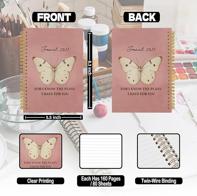 Vintage Butterfly Christian Spiral Notebook, for I Know the Plans I Have for You Bible Journaling Notebooks for Women, Religious Faith Hardcover Journals for Office 160 Pages 5.5 x 8.3 Inch