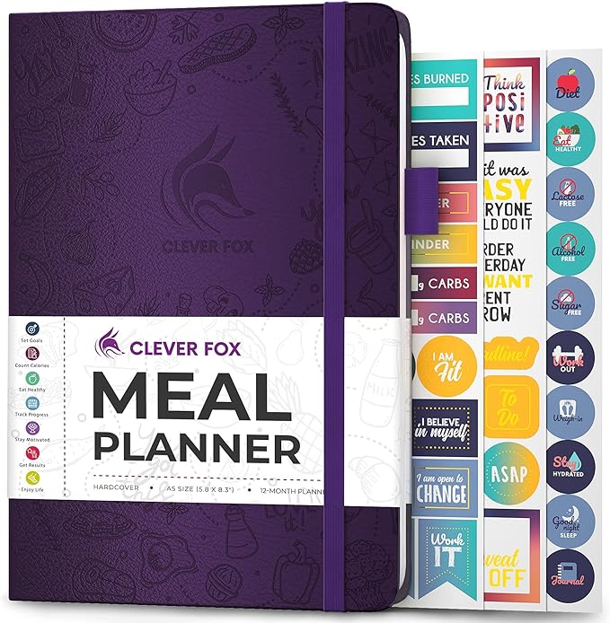 Clever Fox Weekly Meal Planner - Weekly & Daily Meal Prep Journal with Shopping and Grocery Lists for Menu Planning, Healthy Diet & Weight Loss Tracking, Lasts 1 Year, Undated, A5 - Purple