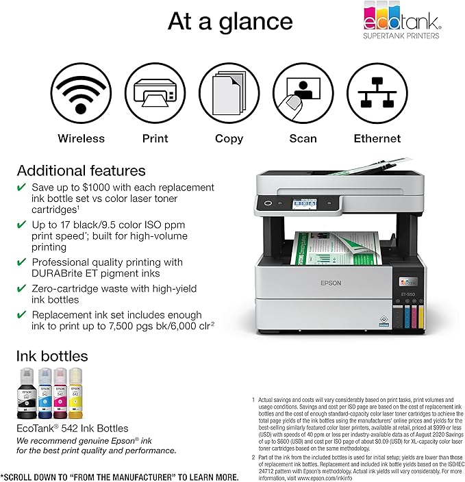 Epson EcoTank Pro ET-5150 Wireless Color All-in-One Supertank Printer with Scanner, Copier, Plus Auto Document Feeder, Large, White